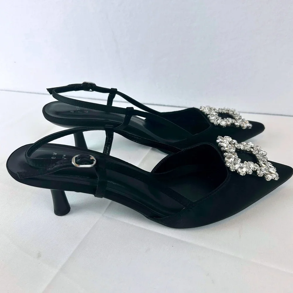A New Day Black Satin Crystal Buckle Pointed Toe Slingback Kitten‎ Heels 8.5